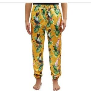Mad Engine Mens Tropical Birds of Paradise Gold Satin Lounge Sleep Pants NWT 2XL